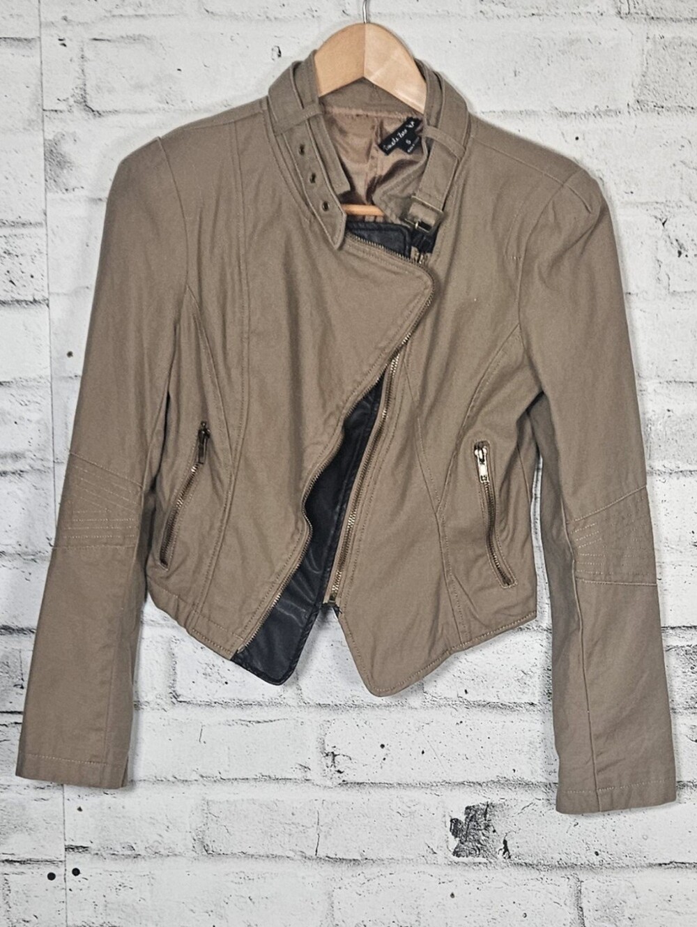 Double Zero Moto Jacket Small Taupe Cotton Asymmetrical Zip Biker